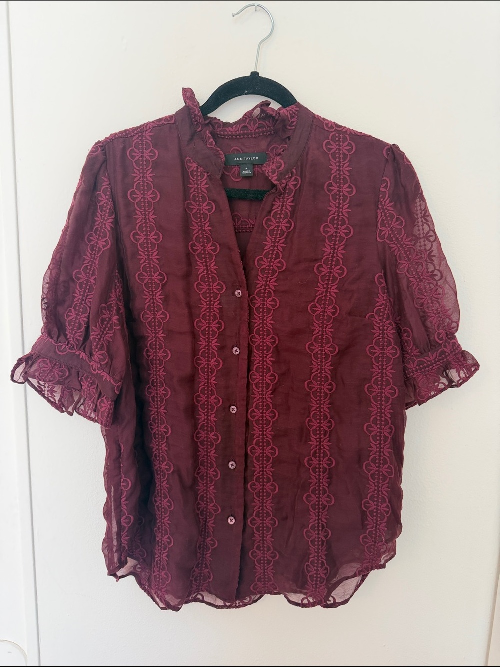 Ann Taylor Embroidered Peasant Blouse Burgundy M
